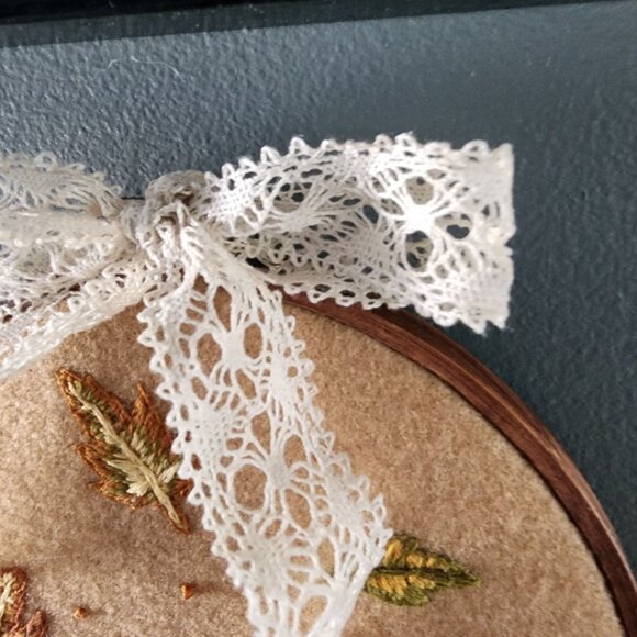 Embroidered Hoop Art, Autumn Leaves on Felt, 6" Stained Brown Wooden Frame, - Picture 8 of 10